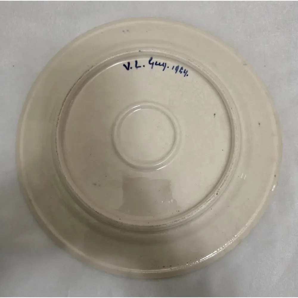 ​Vintage Signed 1964 Hand Painted Blue and White Pottery Decorative Plate- 10.5